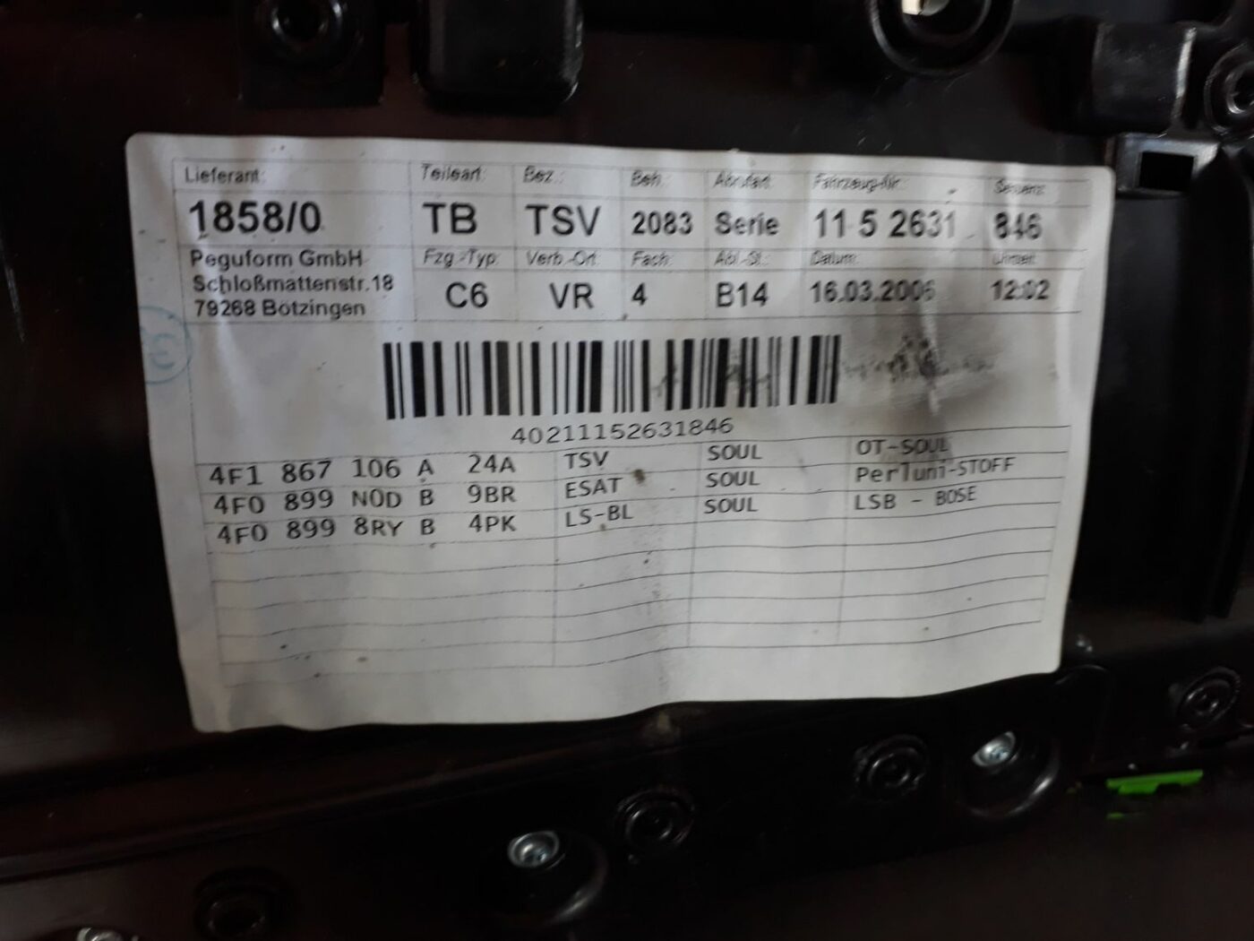 Sēdekļu komplekts priekš AUDI A6 AVANT 2006